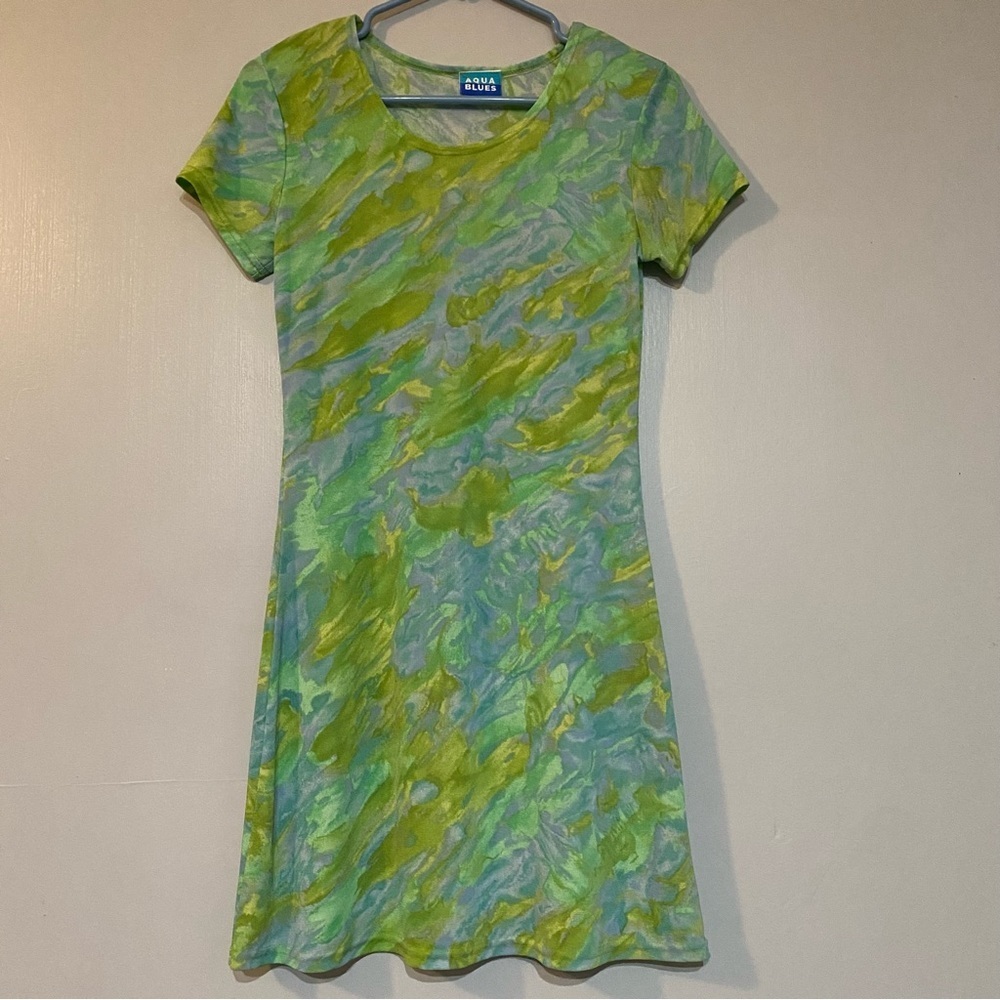 Aqua Blue Water Color Abstract‎ Print Vintage Y2K Retro Vibe Dress Size Small